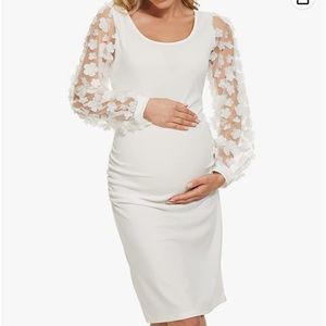 White Flower Appliqué Ballon Sleeve Mini Fitted Stretchy Maternity Dress Small